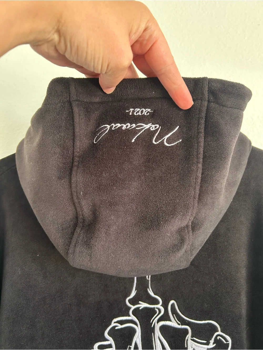 Nokwal Black velour Hoodie with Skeleton hand Embroidered Logo